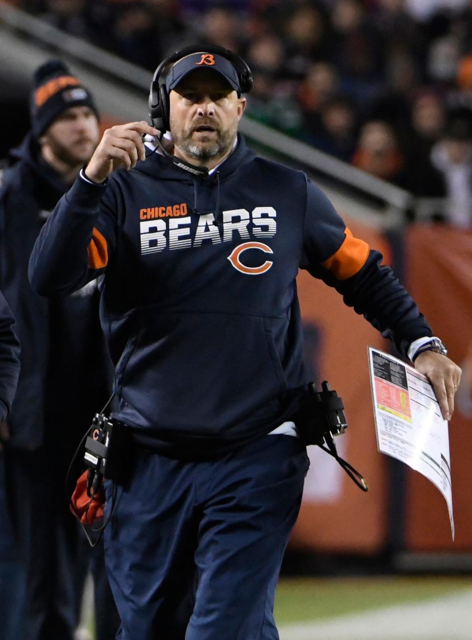 Chicago Bears head coach Matt Nagy reacts on the sidelines during the first half against the Dallas Cowboys at Soldier Field.