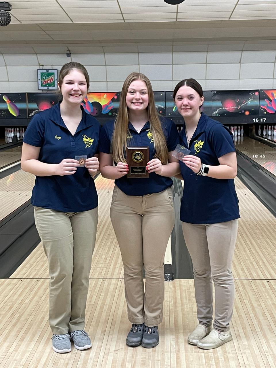 Hillsdale varsity girls bowling had three bowlers place in the top five at the Wildcat Blastoff tournament. Chloe Manifold (middle) led the team with a third place finish. Shalee Van Heerde (right) took fourth and Sage Wickham (left) took fifth.