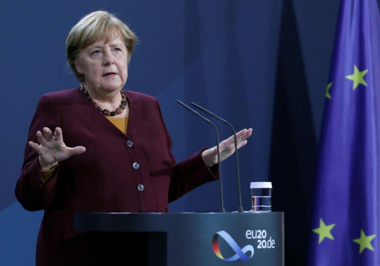 La chancelière Angela Merkel, lors d'une conférence de presse après une visio-conférence sur la crise sanitaire, le 19 novembre 2020 à Berlin - Michael Sohn © 2019 AFP