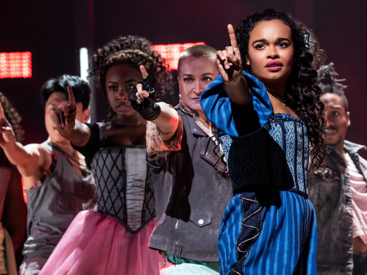 Lorna Courtney, right, onstage as Juliet in the new musical & Juliet. The musical is playing now in Toronto's Princess of Wales Theatre as a new entry in the pantheon of Canadian musicals.  (Matthew Murphy - image credit)