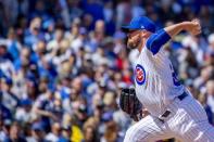 Apr 8, 2019; Chicago, IL, USA; Chicago Cubs starting pitcher Jon Lester (34) pitches during the first inning against the Pittsburgh Pirates at Wrigley Field. Mandatory Credit: Patrick Gorski-USA TODAY Sports