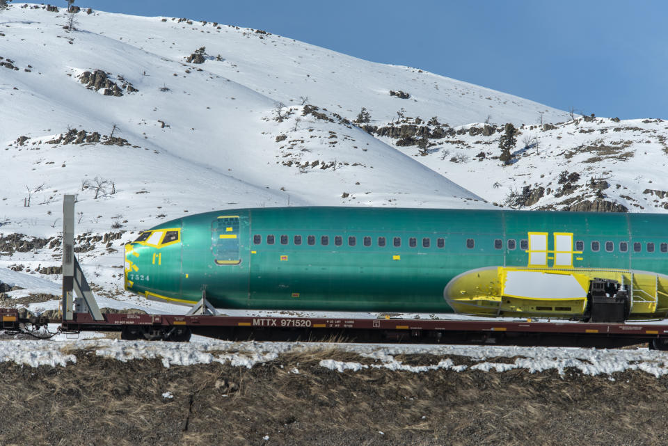 BOZEMAN, MT - MARCH 12:  Boeing 737 Max 8 fuselages manufactured by Spirit Aerosystems in Wichita, Kansas are transported on a BSNF train heading west over the Bozeman Pass March 12, 2019 in Bozeman, Montana. The fuselages were en route to the Boeing assembly plant in Renton, Washington.  (Photo by William Campbell-Corbis via Getty Images)