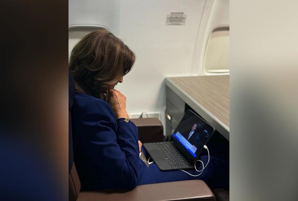 PHOTO: Vice President Kamala Harris shared a photo of herself on X watching her husband Doug Emhoff speak at the Democratic National Convention on August 20, 2024. (Kamala Harris/X)