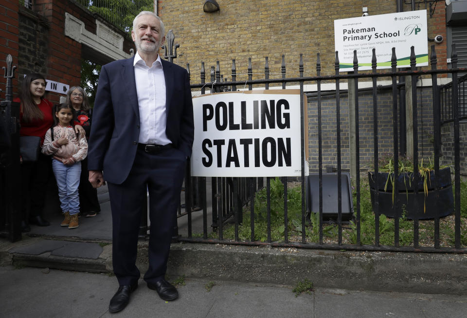 Jeremy Corbyn leader of Britain's opposition Labour Party after voting in the European Elections in London, Thursday, May 23, 2019. (AP Photo/Kirsty Wigglesworth)