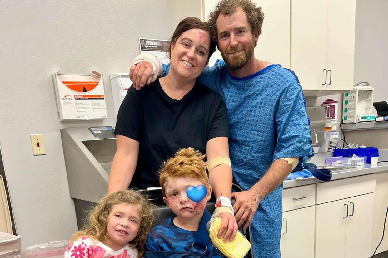 <p>Bradye McQueen/GoFundMe</p> The Lambert family poses at the hospital after storm chaser Freddy McKinney stopped to help them on May 2, 2024