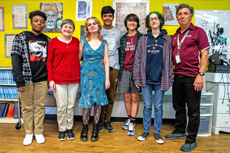 Students and advisors are featured at Concord High School in Brandywine Hundred on Wednesday, May 3, 2023. The students have been advocating for the school to switch from a gendered gown color to a single color gown to stop the bullying of trans and non-binary students. 