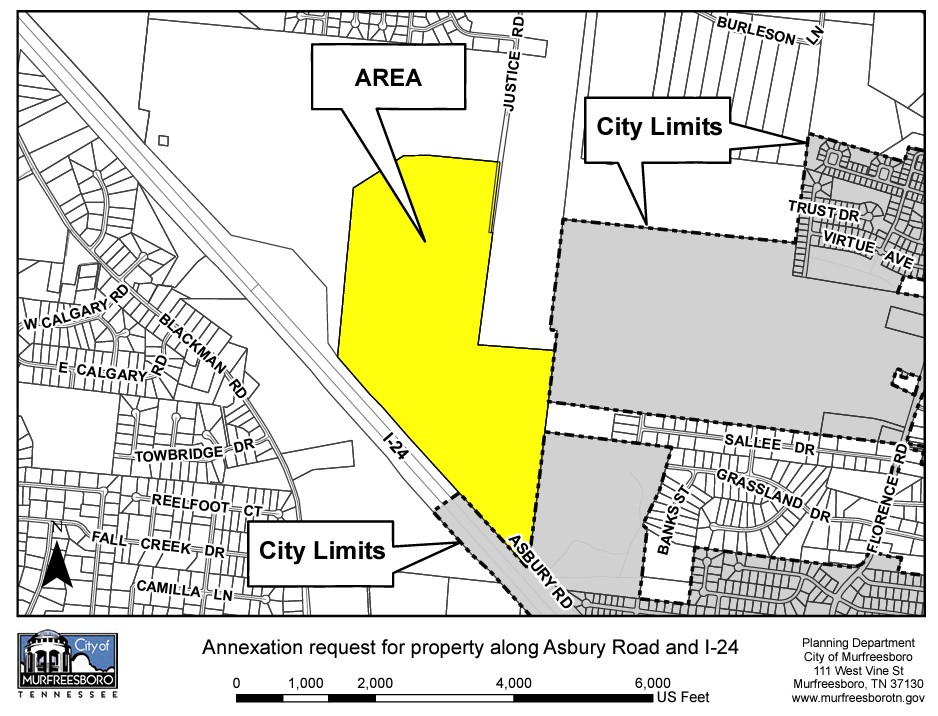 This Murfreesboro city map in yellow shows proposed annexation of 160 acres on northeast side of Interstate 24.