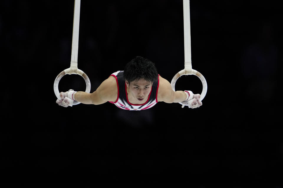 Japan's Kaito Sugimoto competes on the rings during the Artistic Gymnastics World Championships in Antwerp, Belgium, Tuesday, Oct. 3, 2023. (AP Photo/Virginia Mayo)