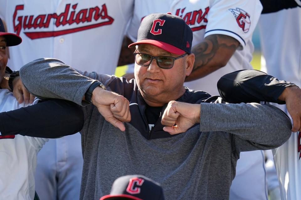 Guardians manager Terry Francona, center, poses with the team for a photo, Friday, Sept. 22, 2023, in Cleveland.
