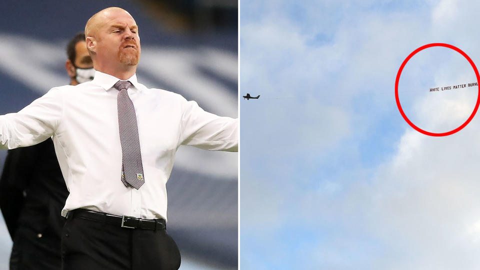 Seen here, Burnley coach Sean Dyche and the offensive banner at the Man City match.