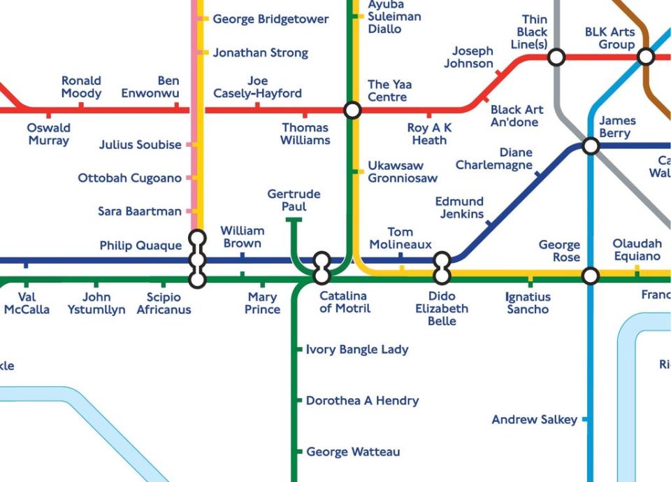 A black history Tube map where 272 station names have been replaced by notable black figures from pre-Tudor times (PA)