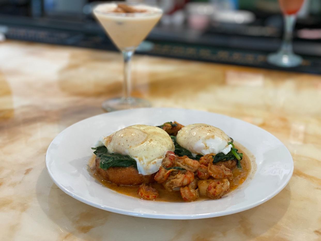 The Shrimp & Crawfish Creole Benedict at Biscuits & Jams restaurant in Bartlett.