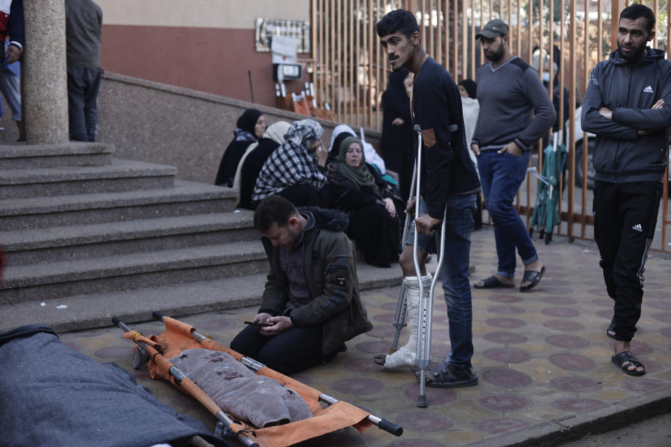 A Palestinians mourna relatives killed in the Israeli bombardment of the Gaza Strip in Khan Younis, Saturday, Jan. 6, 2023. (AP Photo/Mohammed Dahman)