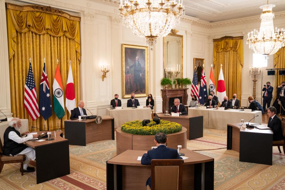 WASHINGTON, DC - SEPTEMBER 24: U.S. President Joe Biden hosts a Quad Leaders Summit along with Indian Prime Minister Narendra Modi, Australian Prime Minister Scott Morrison and Japanese Prime Minister Suga Yoshihide in the East Room of the White House on September 24, 2021 in Washington, DC. The four leaders are expected to discuss a range of topics including climate change, Covid-19 vaccines and a free and open Indo-Pacific ocean region.   Sarahbeth Maney-Pool/Getty Images/AFP / AFP / GETTY IMAGES NORTH AMERICA / POOL