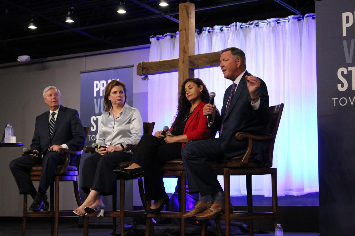 From left: U.S. Sen. Lindsey Graham, R-South Carolina; Susan B. Anthony Pro-Life America president Marjorie Dannenfelser; Planned Parenthood whistleblower Mayra Rodriguez; and Iowa faith leader Bob Vander Plaats speak at a town hall at Experience Church in Des Moines on June 21, 2023.