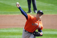 Houston Astros pitcher Zack Greinke throws against the Minnesota Twins in the first inning of an American League wild-card series baseball game Tuesday, Sept 29, 2020, in Minneapolis. (AP Photo/Jim Mone)