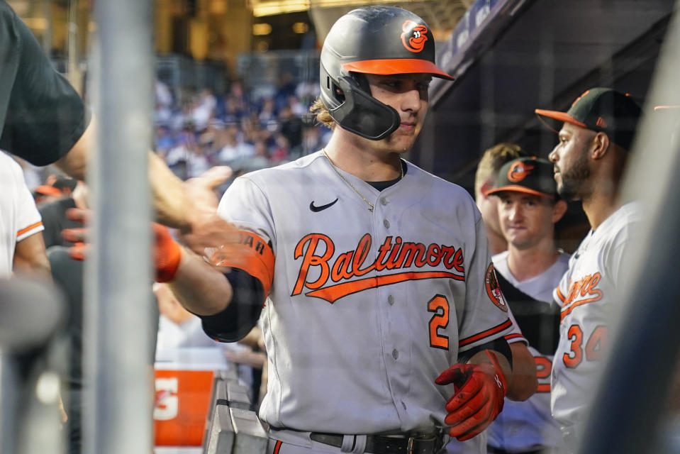 Baltimore Orioles' Gunnar Henderson (2) is congratulated for his two-run home run against the New York Yankees during the fourth inning of a baseball game Thursday, July 6, 2023, in New York. (AP Photo/Frank Franklin II)