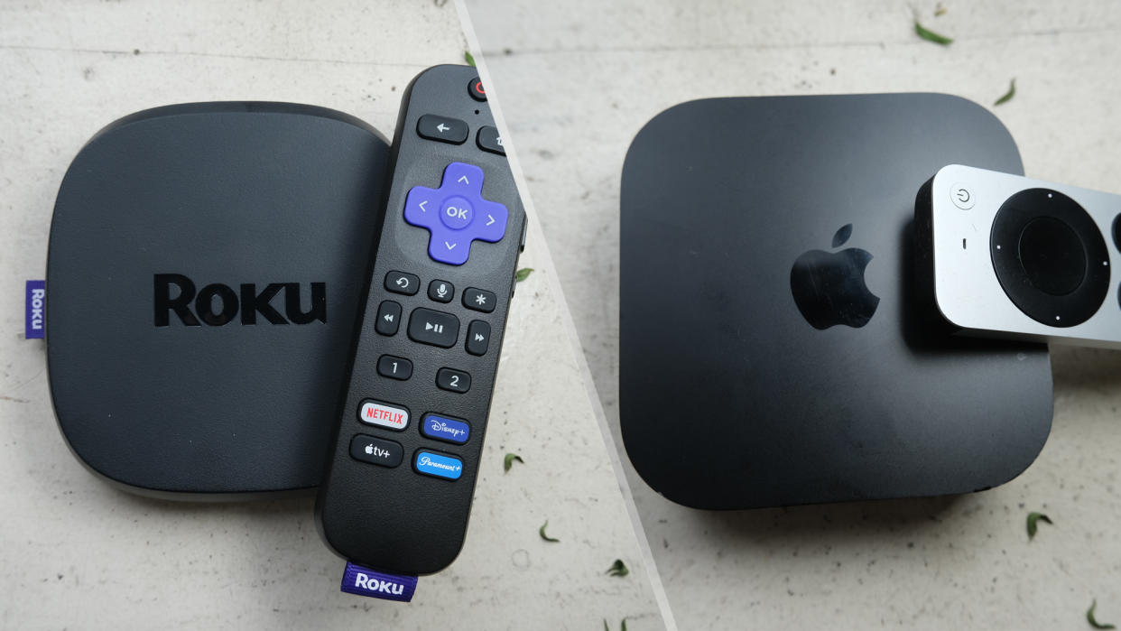  (L, R) Roku Ultra (2022) with Voice Remote Pro and Apple TV 4K with 3rd Gen. Siri Remote 