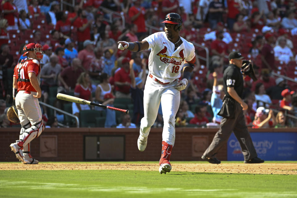 St. Louis Cardinals' Jordan Walker (18) reacts after hitting a solo home run in the eighth inning of a baseball game against the Philadelphia Phillies, Sunday, Sept. 17, 2023, in St. Louis. (AP Photo/Joe Puetz)