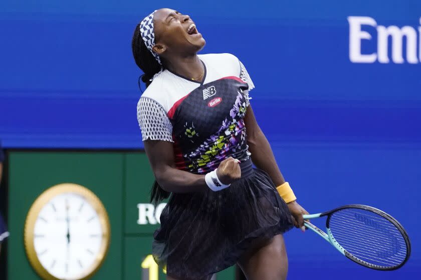 Coco Gauff, of the United States, celebrates after defeating Shuai Zhang, of China, during the fourth round.