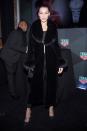 <p>In a black fur coat, sports bra, leggings and black pumps at the new face of Tag Heuer announcement at Equinox in NYC</p>