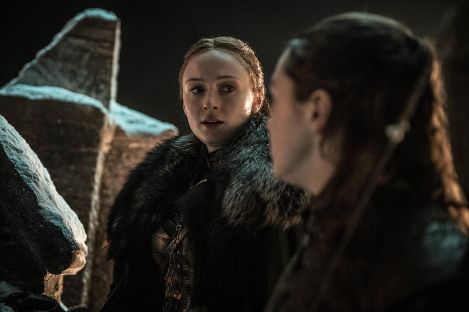 Sansa and Arya plot their next moves during the Battle of Winterfell (Photo: Helen Sloan/HBO)