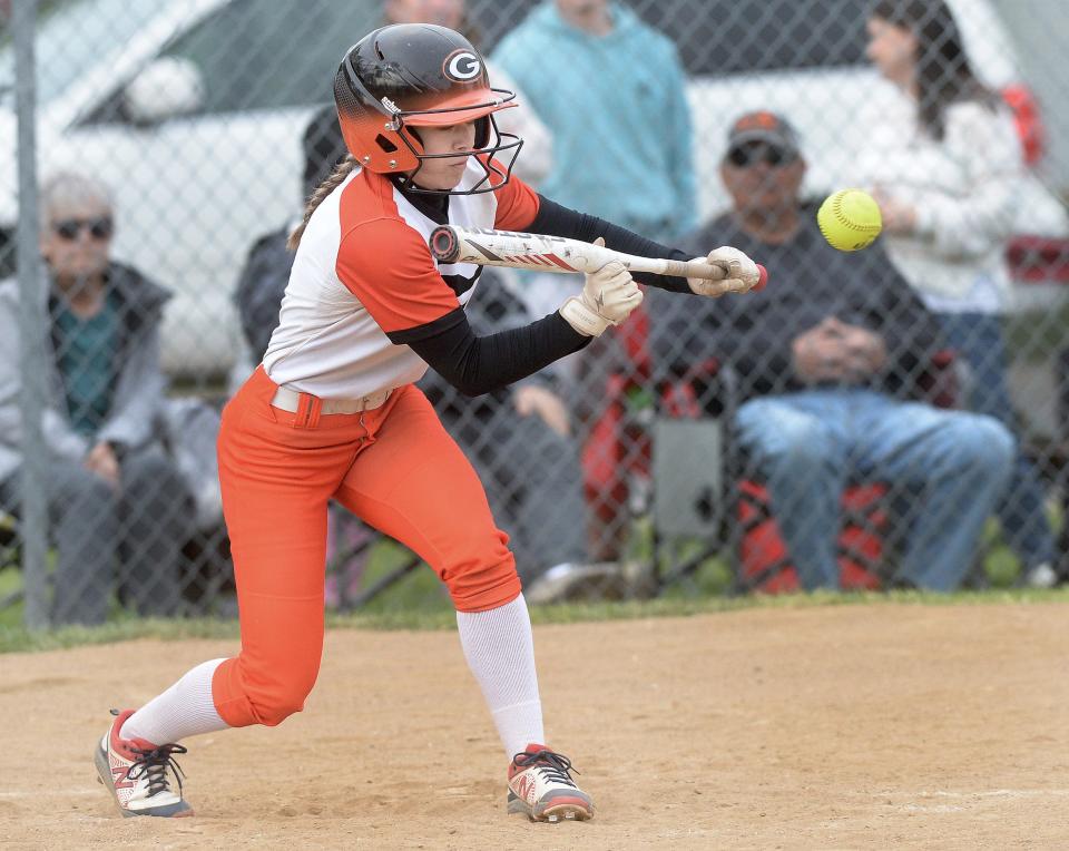 Gillespie's Regan Bussmann bunts the ball during a nonconference softball game against North Mac in Virden on Friday, April 21, 2023.