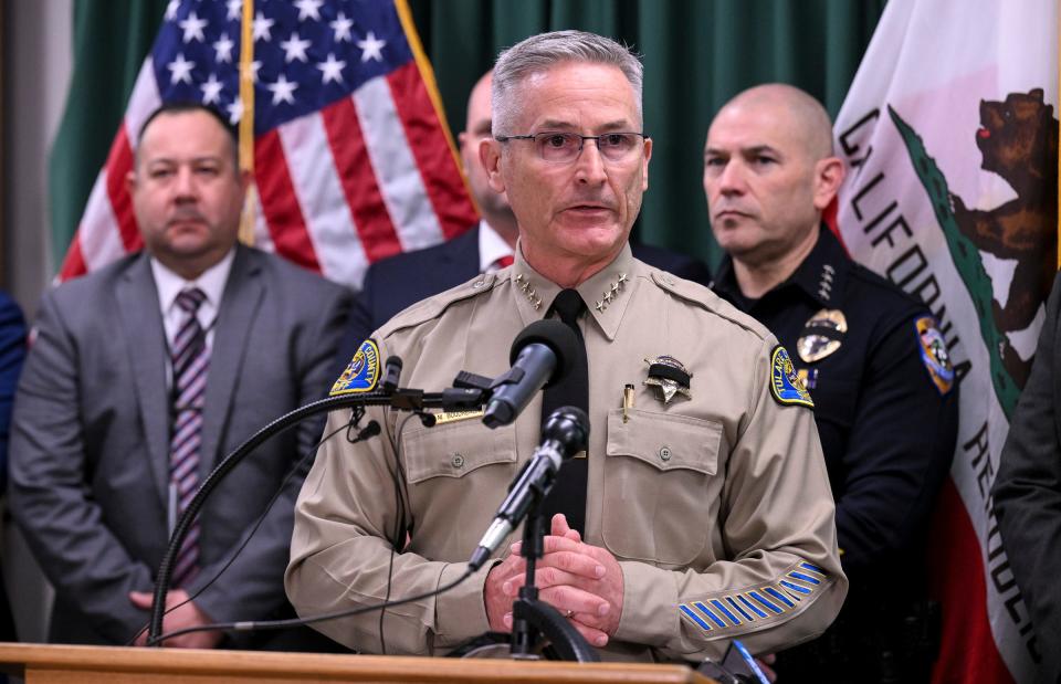 Tulare County Sheriff Mike Boudreaux announces Friday, February 3, 2023 the arrests of two suspects in the January 16 homicide of six people in Goshen. One was apprehended in Visalia, the other just blocks away from the crime scene. 