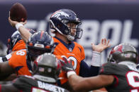 Denver Broncos quarterback Jeff Driskel throws a pass during the first half of an NFL football game against the Tampa Bay Buccaneers, Sunday, Sept. 27, 2020, in Denver. (AP Photo/Jack Dempsey)