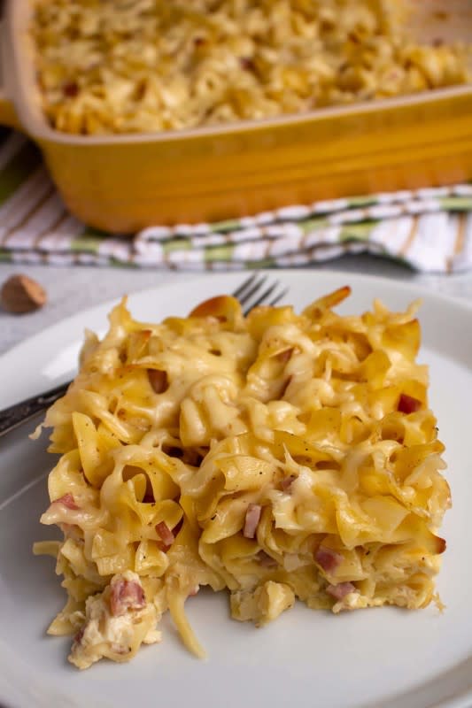 <p>Mission Food Adventure</p><p>Schinkennudeln is an easy German recipe for ham and noodles. This version, which includes Swiss cheese and is baked in the oven until bubbly.</p><p><strong>Get the recipe: <a href="https://mission-food.com/schinkennudeln-german-ham-and-cheese-noodle-casserole" rel="nofollow noopener" target="_blank" data-ylk="slk:Schinkennudeln (German Ham Noodle Casserole);elm:context_link;itc:0;sec:content-canvas" class="link rapid-noclick-resp">Schinkennudeln (German Ham Noodle Casserole)</a></strong></p>
