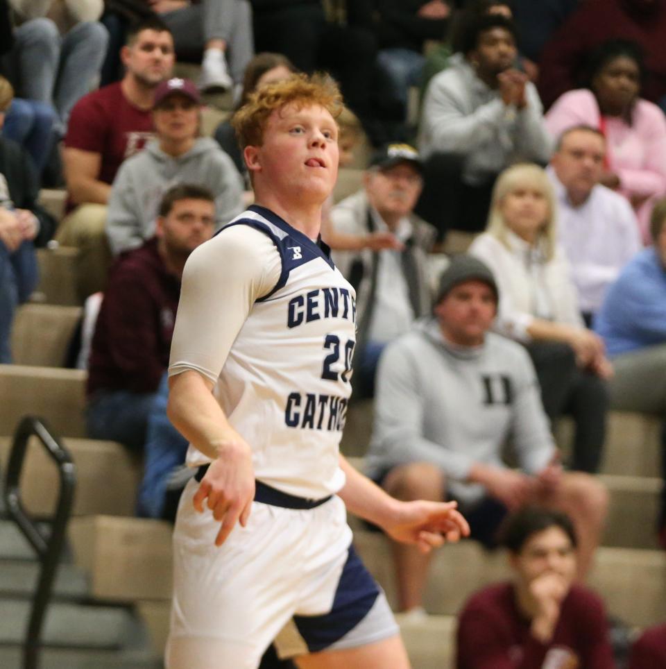 Central Catholic senior Nick Page reacts to a 3-pointer he shot against Faith Christian on Tuesday, Feb. 6, 2024.