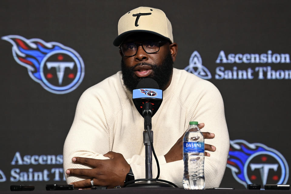 Tennessee Titans general manager Ran Carthon answers questions at an NFL football news conference after the firing of head coach Mike Vrabel, Tuesday, Jan. 9, 2024, in Nashville, Tenn. (AP Photo/Mark Zaleski)