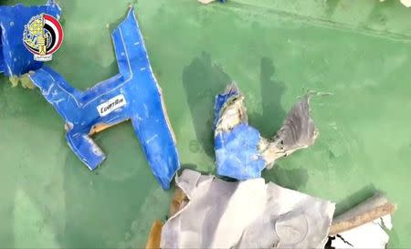 Recovered debris of the EgyptAir jet that crashed in the Mediterranean Sea are seen in this still image taken from video on May 21, 2016. Egyptian Military/Handout via Reuters TV