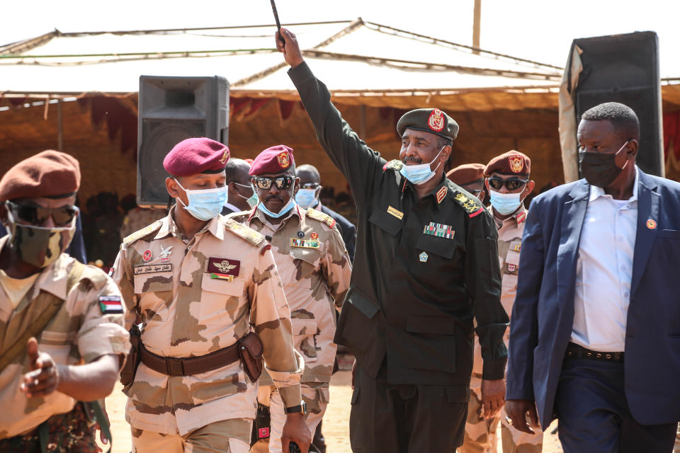 The president of Sudan's Sovereign Council, Abdel Fattah al-Burhan, visits an air base in Khartoum in 2020. 