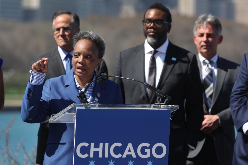 Mayor Lori Lightfoot speaks to business and political leaders during an event to officially announce Chicago as the host city for the 2024 Democratic National Convention on April 12, 2023 in Chicago, Illinois.