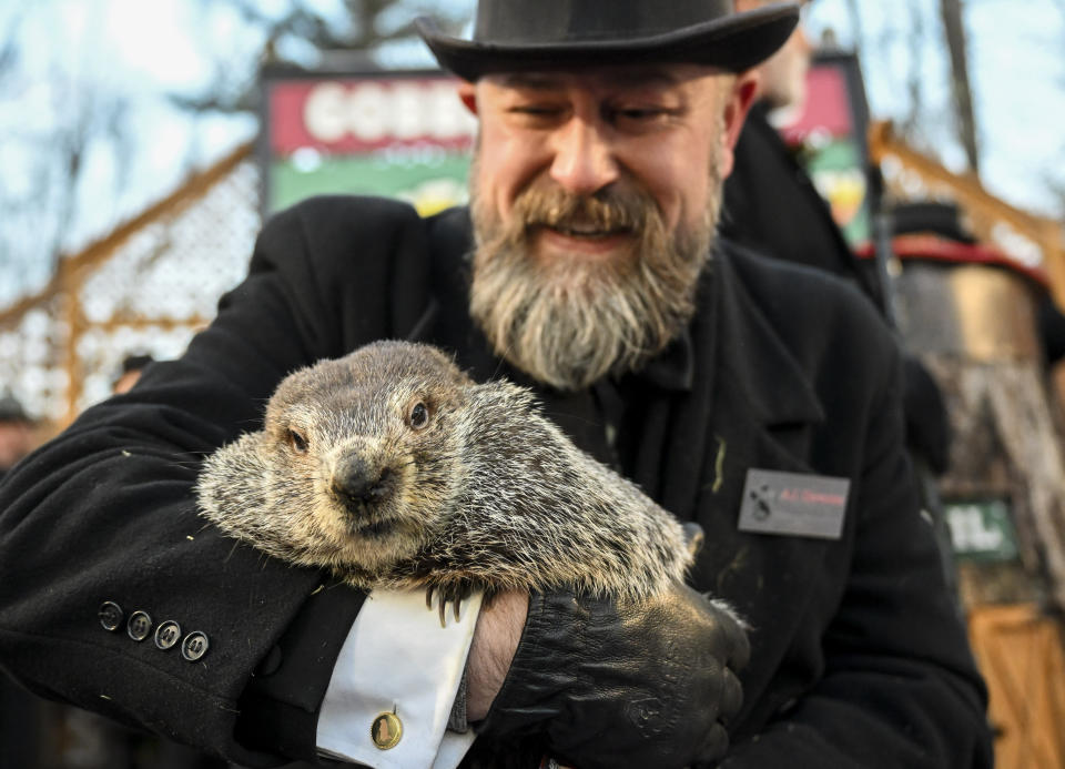 PUNXSUTAWNEY, PA, USA - FEBRUARY 2: Punxsutawney Phil saw his shadow on Wednesday morning 6 more weeks of winter during Groundhog Day celebration at the Gobbler's Knob in Punxsutawney, Pennsylvania, United States on February 2, 2023. Punxsutawney Groundhog Club established in 1887 as members believe that groundhogs predict the weather. (Photo by Fatih Aktas/Anadolu Agency via Getty Images)