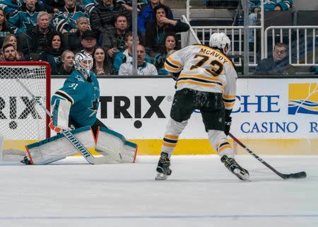 Feb 18, 2019; San Jose, CA, USA; Boston Bruins defenseman Charlie McAvoy (73) shoots the winning goal during overtime against San Jose Sharks goaltender Martin Jones (31) at SAP Center at San Jose. Mandatory Credit: Neville E. Guard-USA TODAY Sports