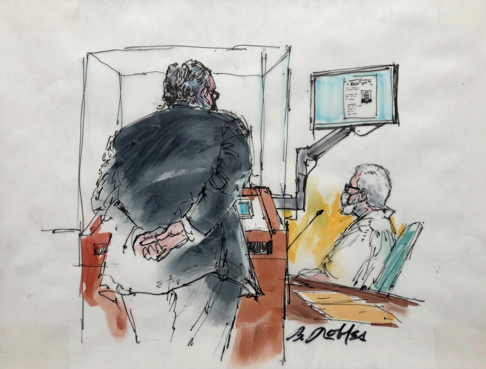 In this courtroom artist sketch Tahawwur Rana, appears during an extradition hearing in federal US court in Los Angeles, Thursday, June 24, 2021. A federal judge is weighing whether Rana, a former Chicago businessman, will be extracted to India in connection with his alleged involvement in the 2008 Mumbai terrorist attack in which 166 people, including six Americans were killed. (Bill Robles for AP)