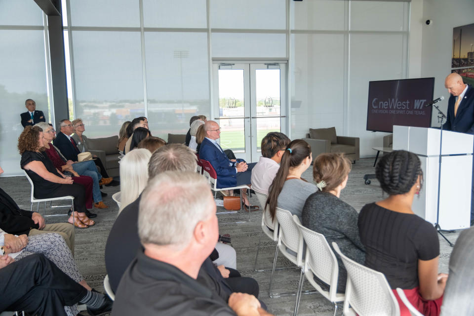 Attendees look on Thursday morning at the WT One West Campaign Announcement at the Bain-Schaeffer Buffalo Stadium in Canyon.