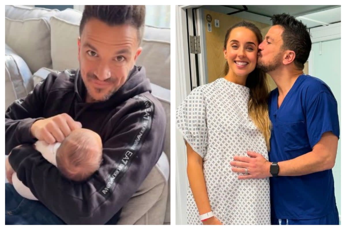 Peter Andre pictured with his newborn daughter (L) and wife (R) Emily MacDonagh (Instagram/Peter Andre)