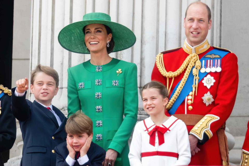 <p>Samir Hussein/WireImage</p> (From left) Prince George, Prince Louis, Kate Middleton, Princess Charlotte and Prince William on the balcony of Buckingham Palace at Trooping the Colour on June 17, 2023. 