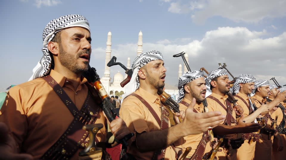 Thousands of demonstrators gather at the call of the Iranian-backed Houthis to organize a demonstration in support of Gaza in Sanaa, Yemen on January 5, 2024. - Mohammed Hamoud/Anadolu Agency/Getty Images