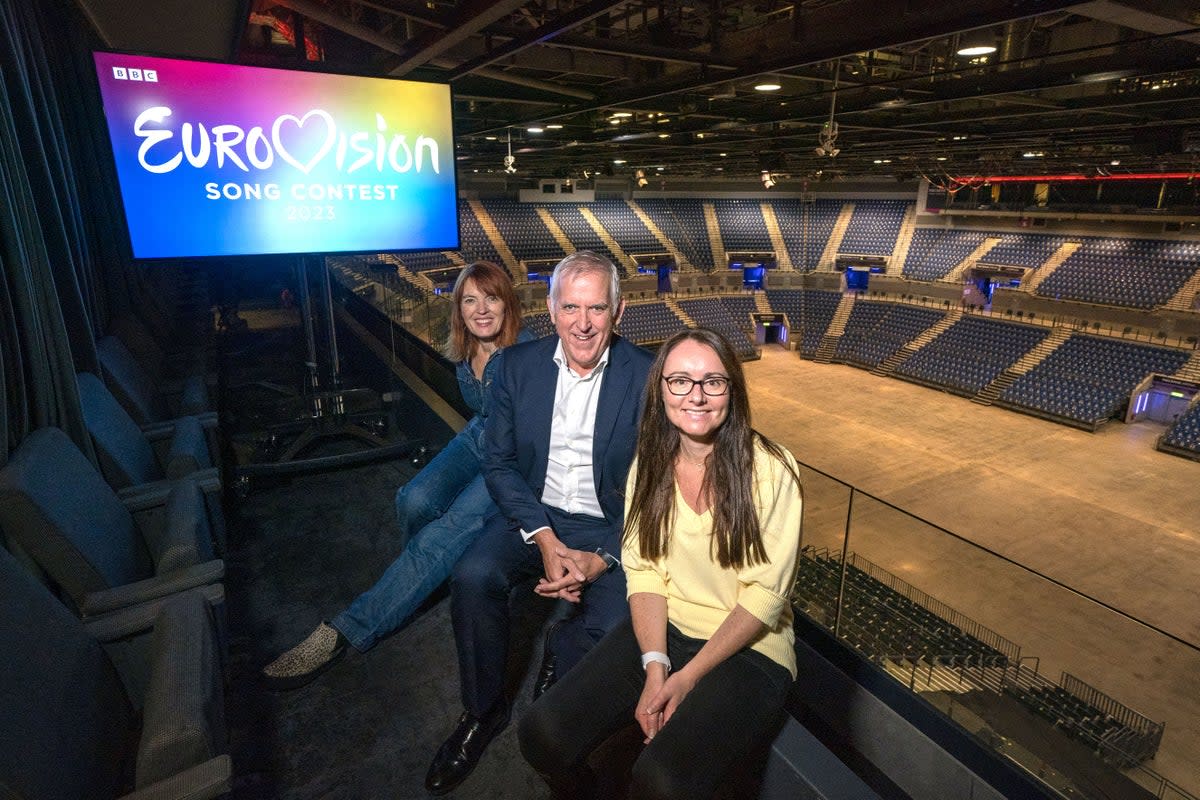 (left to right) McColgan, director of Culture Liverpool, Bill Addy, chief executive at the Liverpool Bid Company, and Faye Dyer, managing director of the ACC Group, at Liverpool M&S Arena after the city was announced as host of 2023 Eurovision Song Contest  (Peter Byrne/PA)