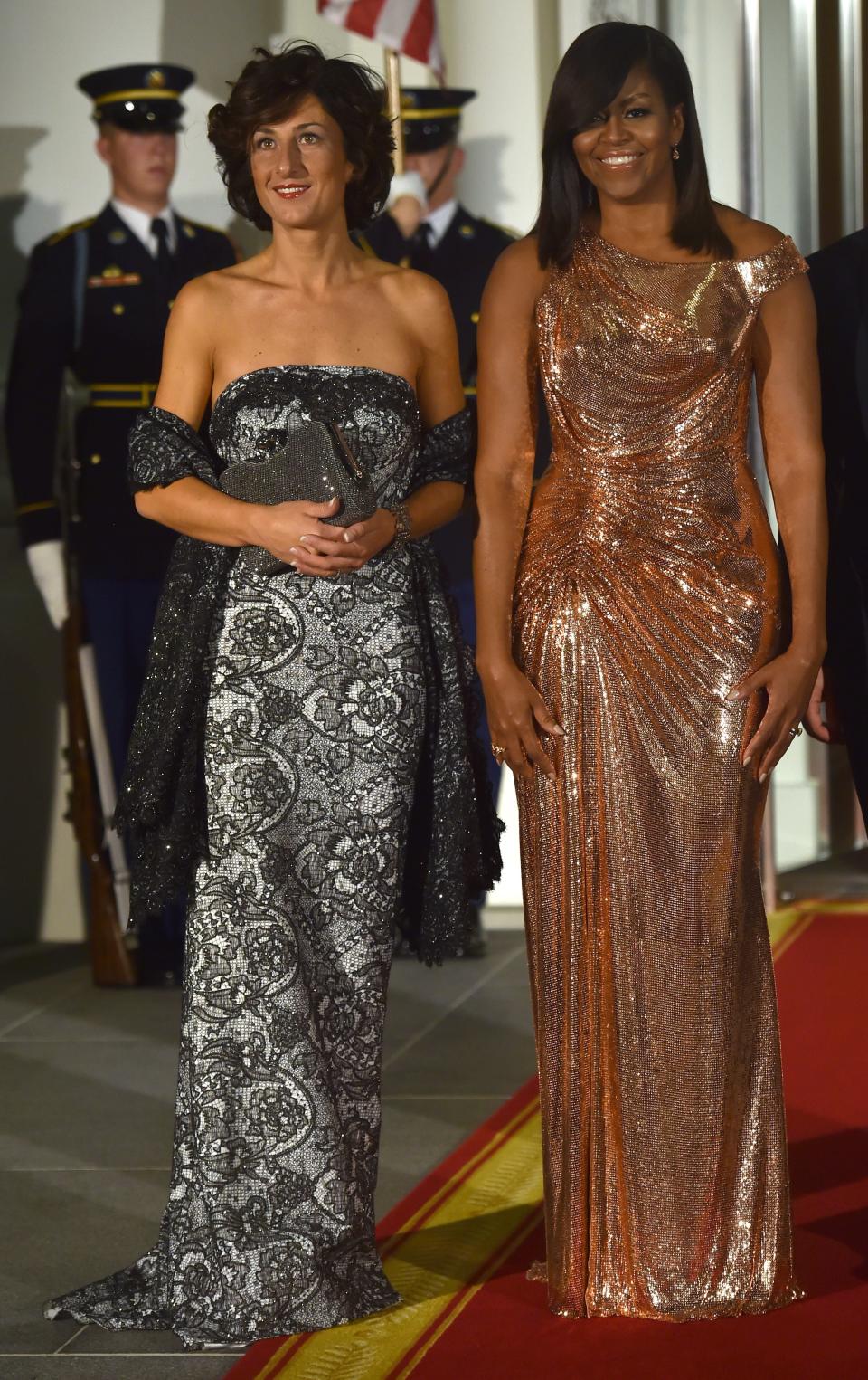 <a href="http://www.huffingtonpost.com/entry/michelle-obama-state-dinner_us_5806105be4b0180a36e61feb?utm_hp_ref=michelle-obama-style">Wearing Atelier Versace</a> for a state dinner on Oct. 18.&nbsp;