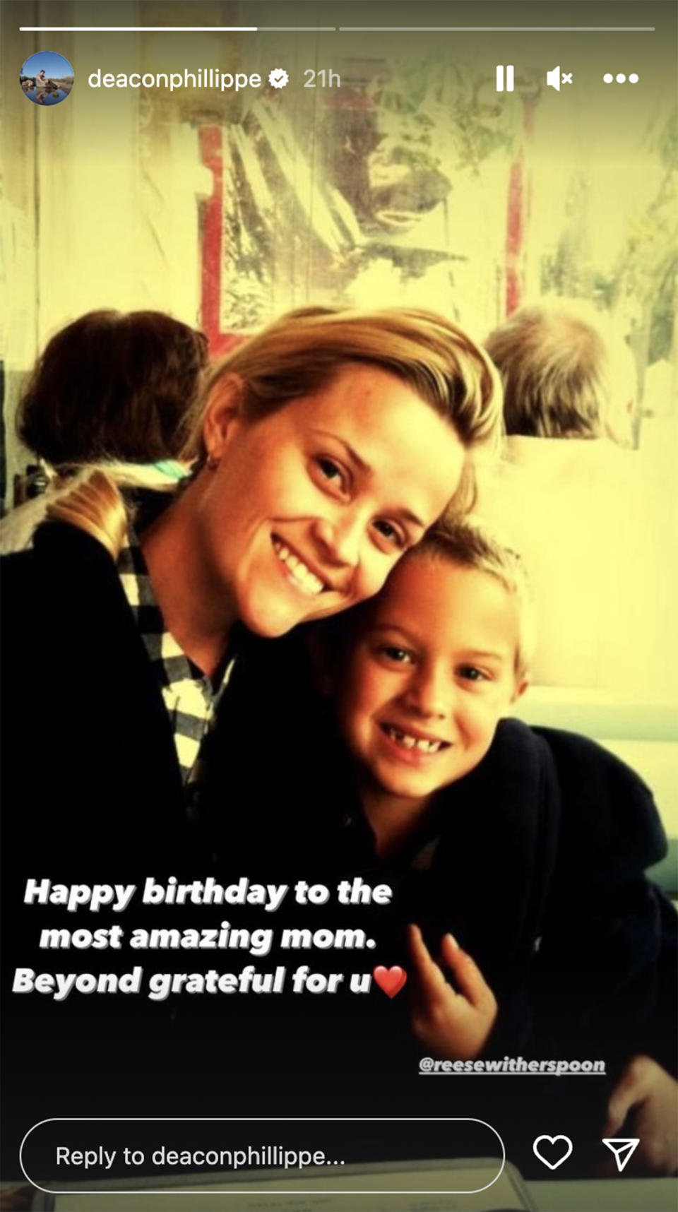 Reese Witherspoon's son Deacon wishes her a happy 47th birthday. (@deaconphillippe via Instagram)