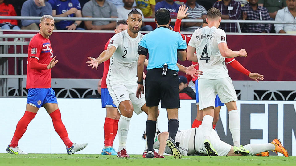 New Zealand were on the wrong end of two controversial referee decisions which ultimately contributed to their loss to Costa Rica. (Photo by KARIM JAAFAR/AFP via Getty Images)