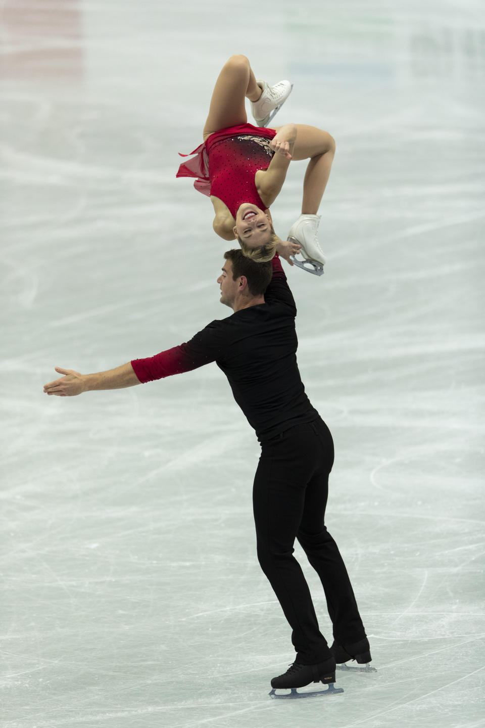 USA's Alexa Knierim and Brandon Frazier perform during the pairs' short program of the ISU World Team Trophy figure skating competition in Osaka, western Japan, Friday, April 16, 2021. (AP Photo/Hiro Komae)