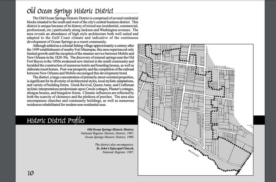 Boundaries of the Old Ocean Springs Historic District as shown in the city publication Ocean Springs Historic District Design Guidelines. The district does not encompass the heart of the downtown area.