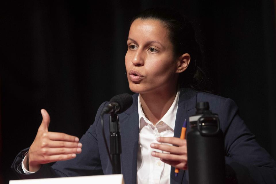 Tiffany Cab&aacute;n speaks during a Queens district attorney candidates forum on June 13. If elected, she would be New York City's first Latina and first openly queer DA. (Photo: ASSOCIATED PRESS/Mary Altaffer)