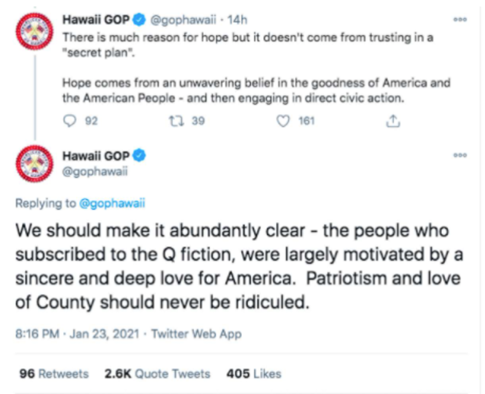 Screenshot of two tweets from the Hawaii Republican Party, one of which expresses sympathy for QAnon believers.